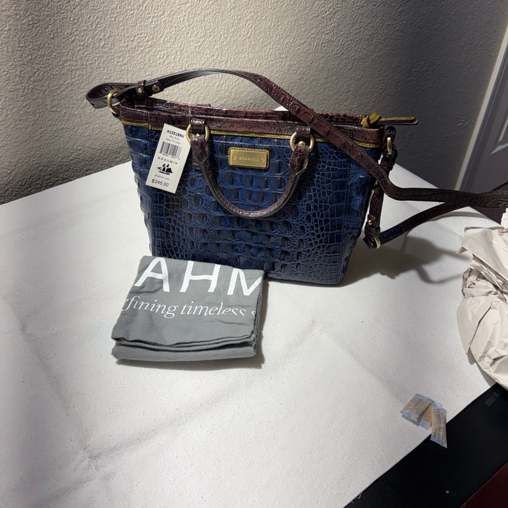Brahmin Navy Croc-Embossed Crossbody with Brown Trim
